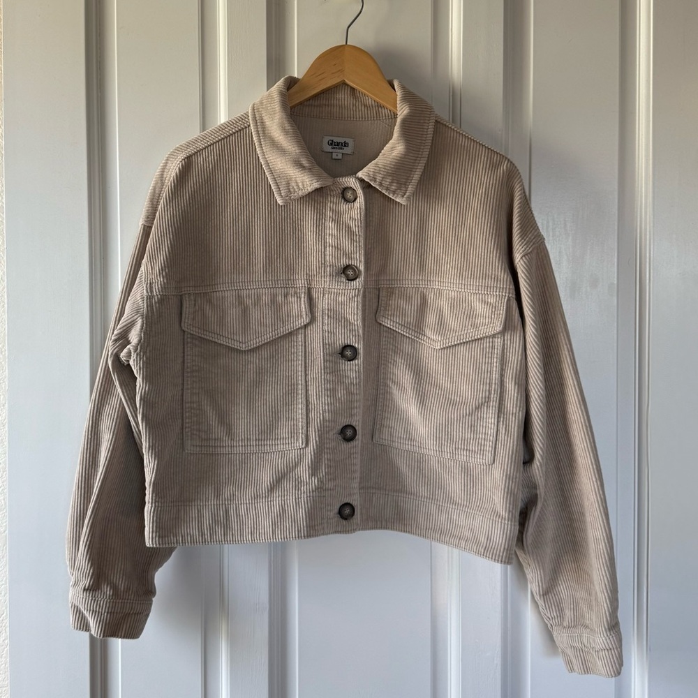 Ghanda Women's Tan Cropped Neutral Corduroy Jacket EUC - Sz S - Picture 2 of 8